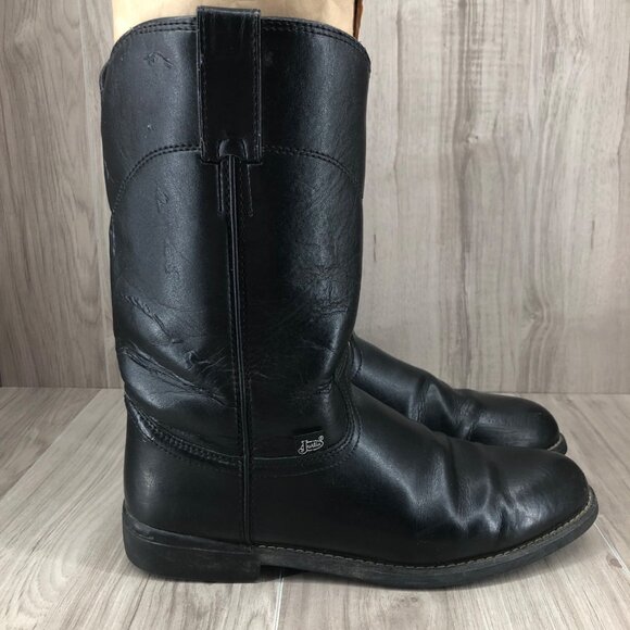 Justin Basic Boots Mens 8.5C Black Leather Upper and PU Shaft Pull On Cowboy - Picture 1 of 13